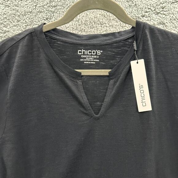 Chico's NWT Size 2 Large Black Short Sleeve T-Shirt V-Neck Soft Comfort Everyday - Picture 2 of 7